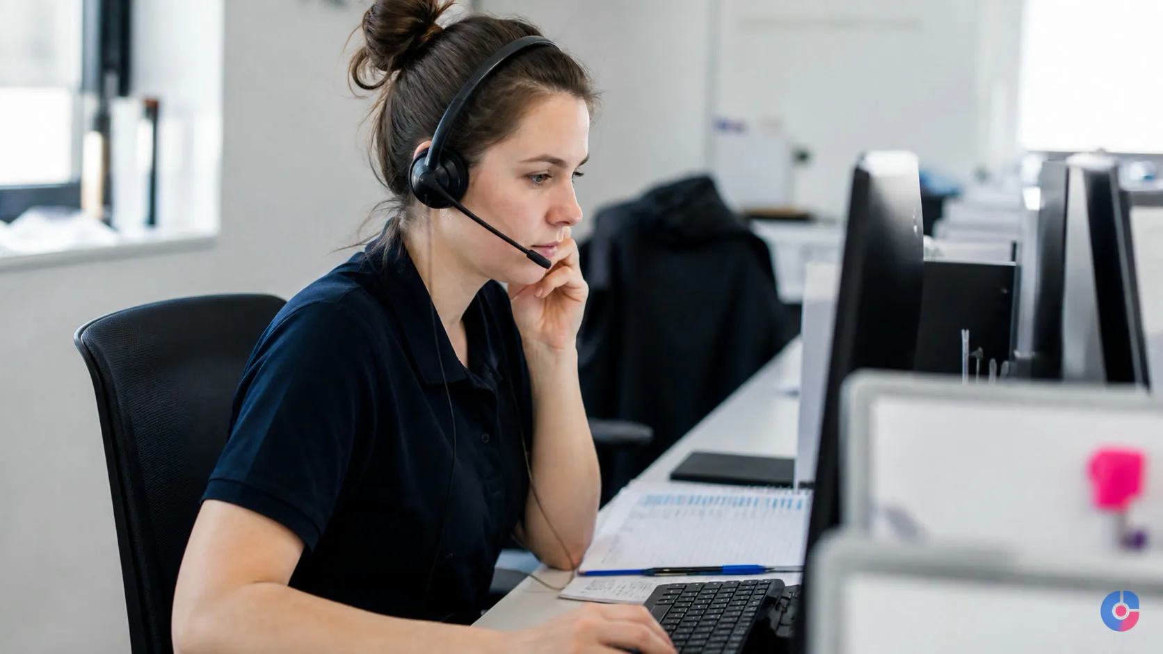 Verification specialist working through a scheduled eligibility queue on a headset