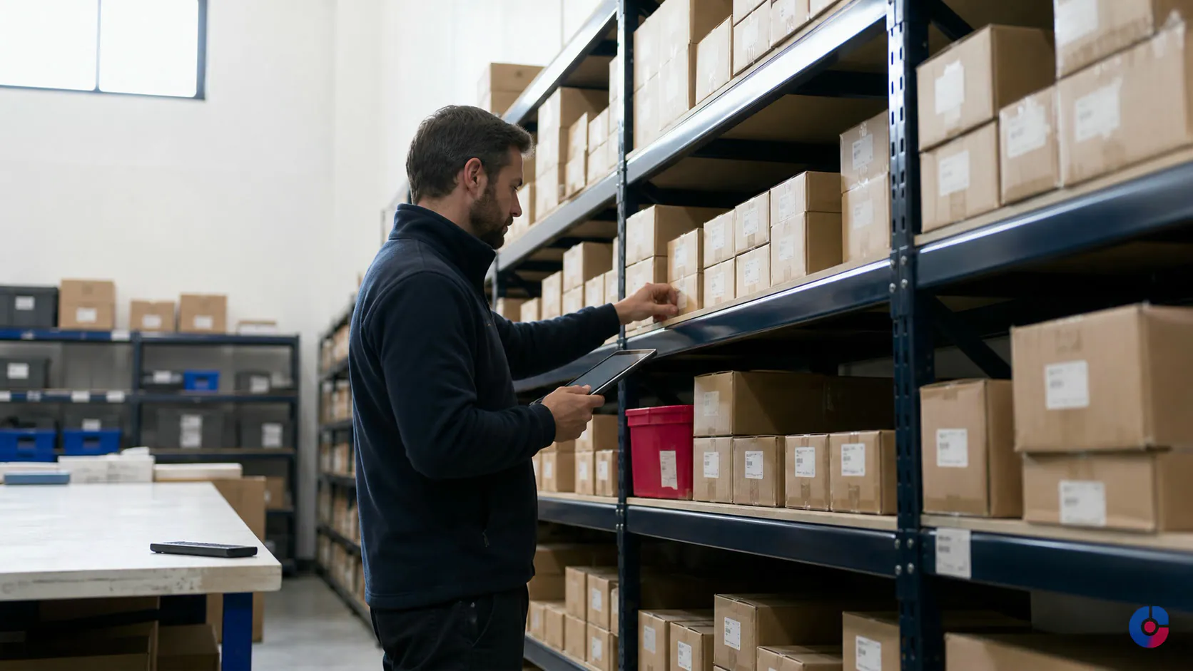 Stock controller cycle counting shelved products during inventory management work