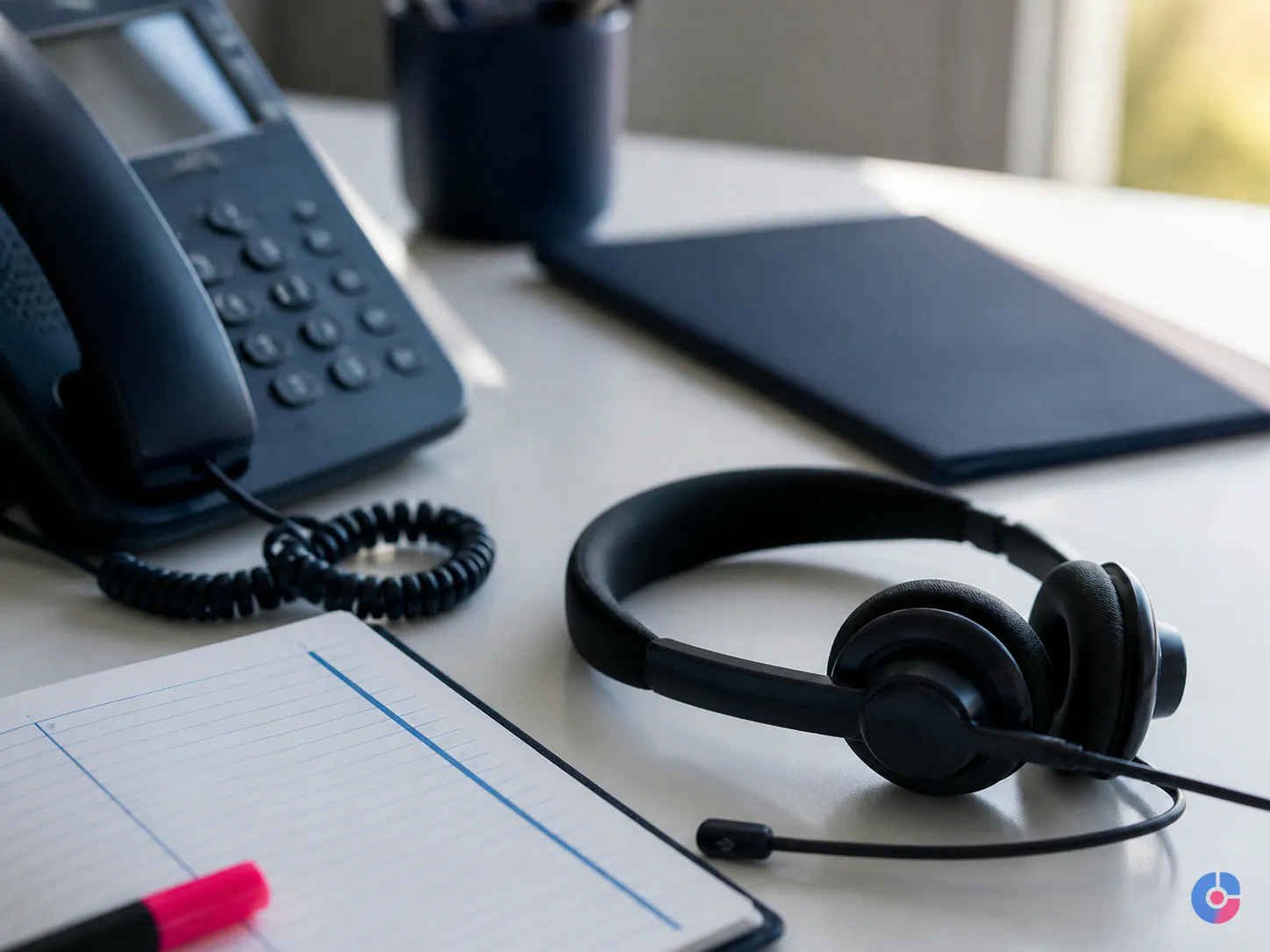 Headset and notebook on a desk representing a structured lead follow-up cadence