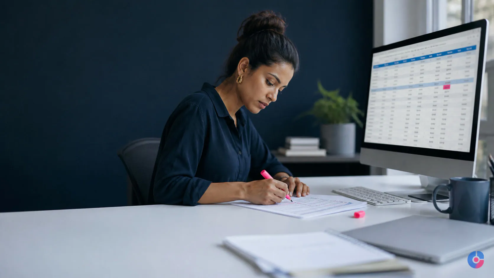 Researcher building and verifying a B2B lead list at a workstation