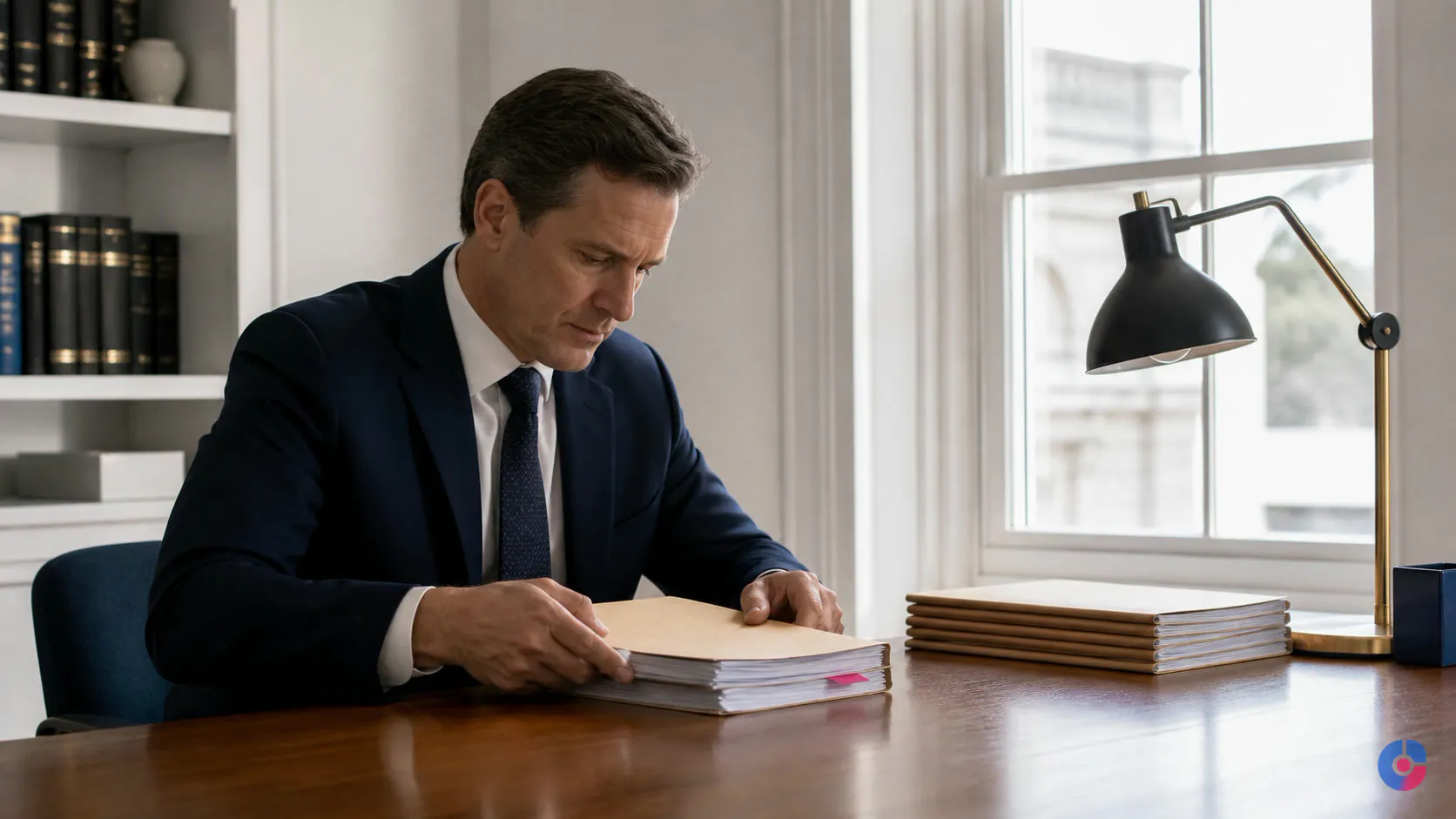 Lawyer closing a tabbed case file while legal admin support keeps matters organised