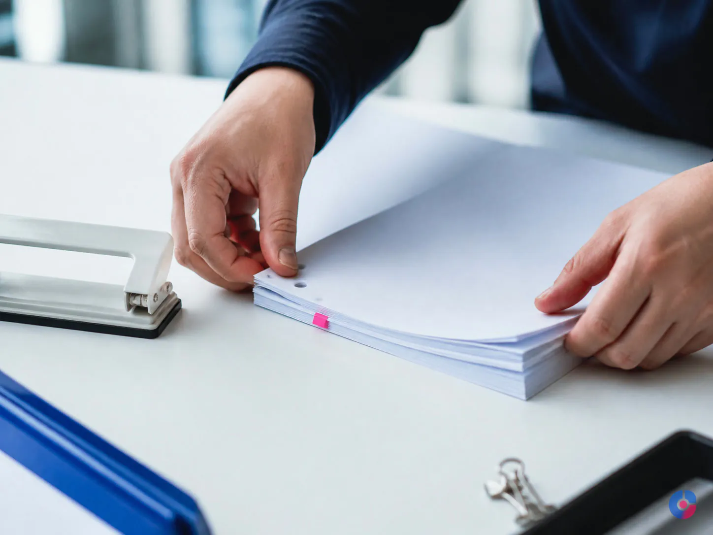 Hands assembling a paginated legal bundle during document preparation support