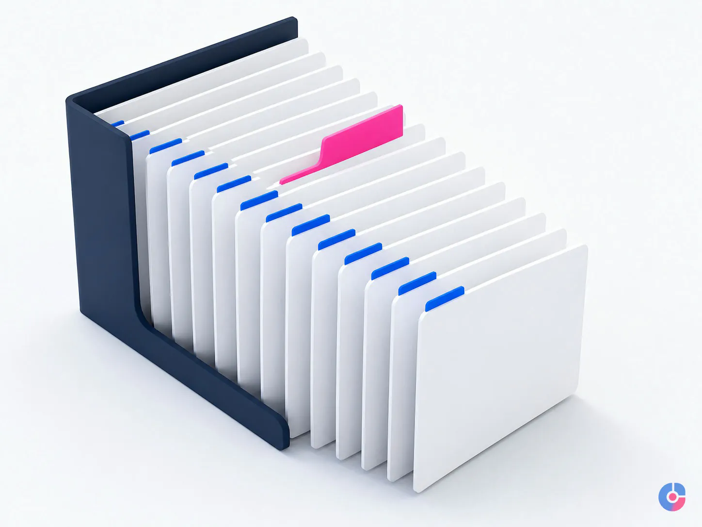 Isometric render of an indexed legal matter file structure with dividers