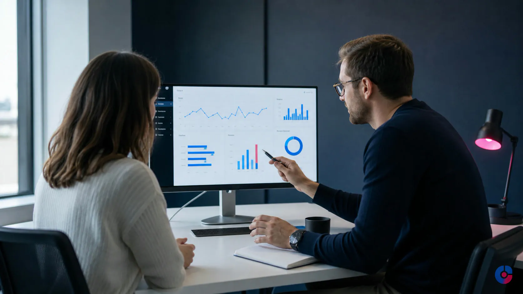 Marketing team reviewing LinkedIn ads campaign performance on an office monitor