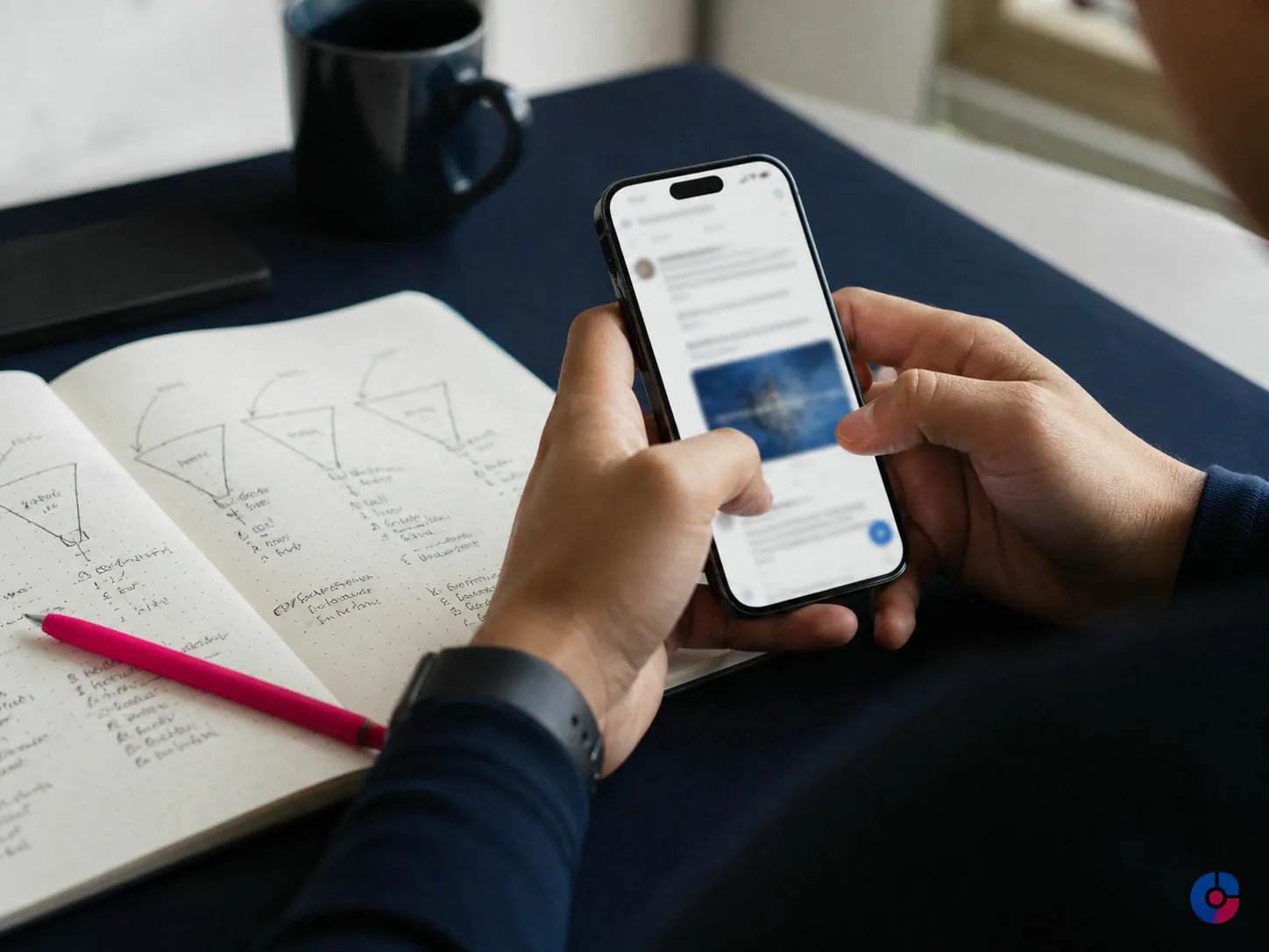 Hands holding a phone beside hand-drawn funnel notes for LinkedIn ad planning