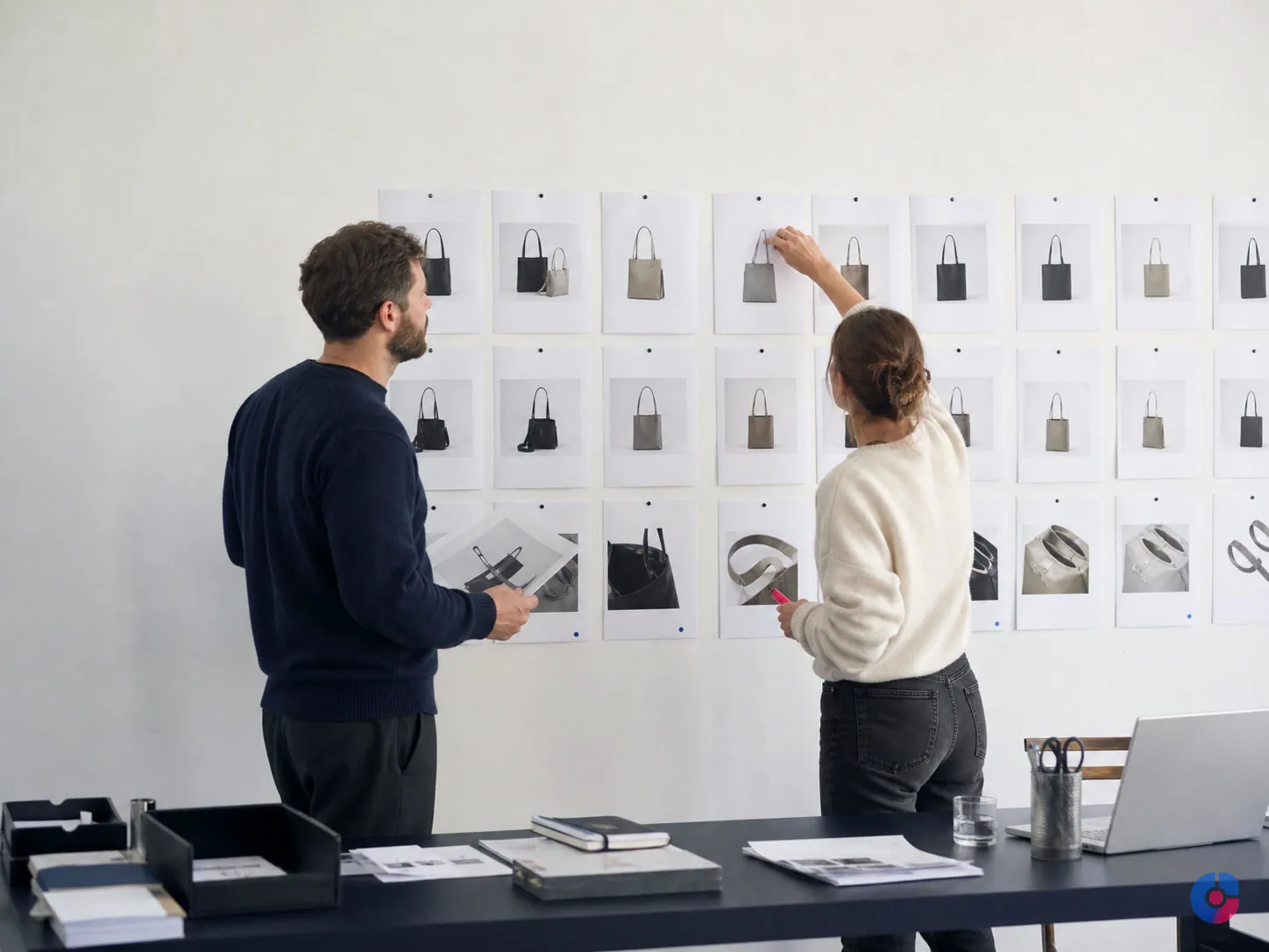 Specialists arranging printed product image options for a marketplace listing stack