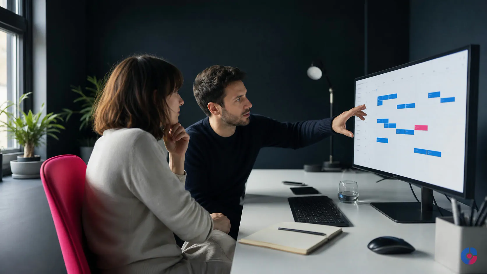 Product owner and developer reviewing a live calendar and tracking system interface