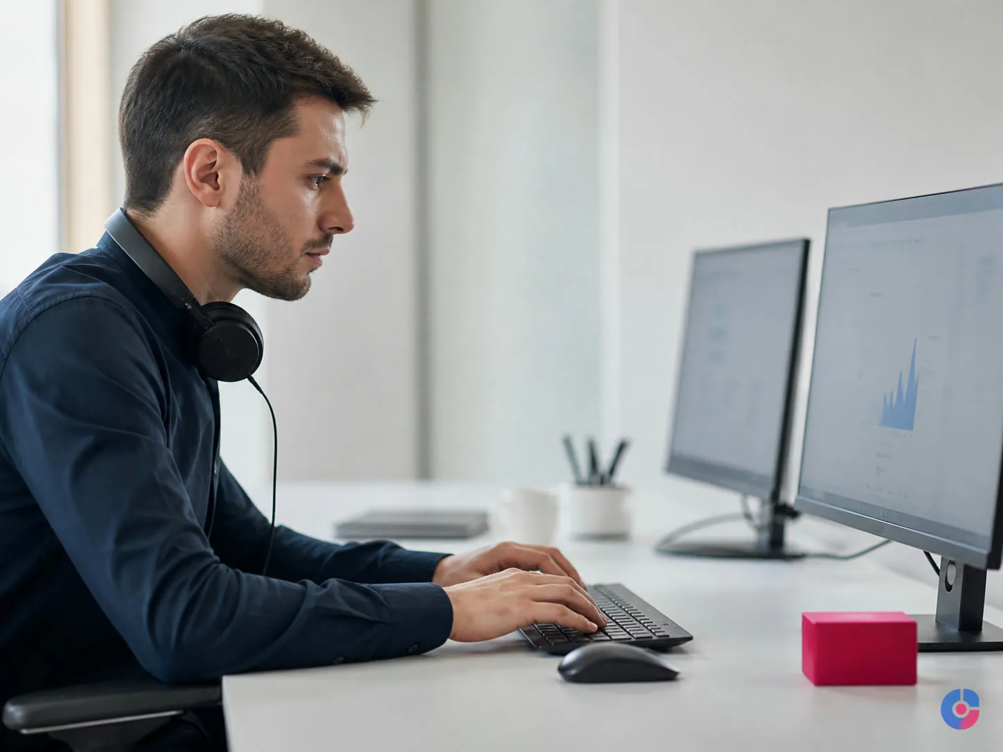 Live chat agent answering online store questions at a two screen support desk