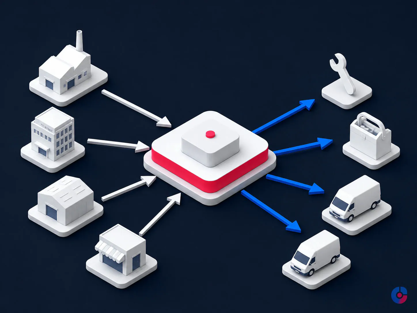 Isometric concept showing maintenance requests coordinated through a central queue