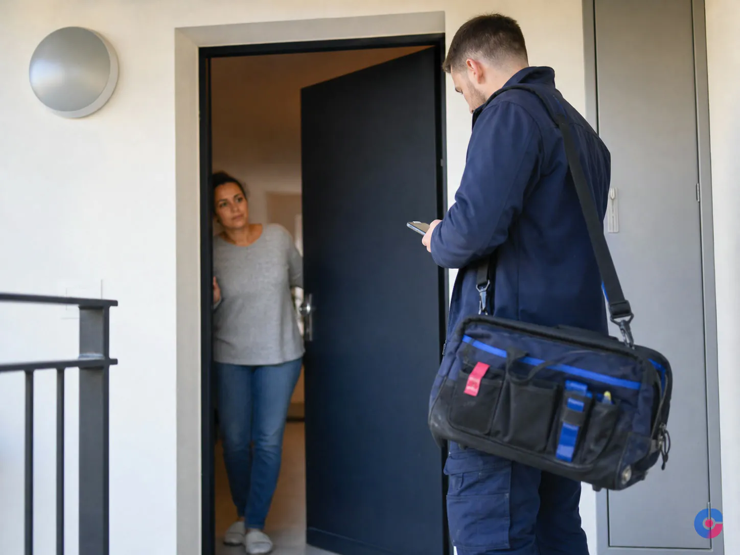 Contractor arriving at a tenant doorway for a scheduled maintenance appointment