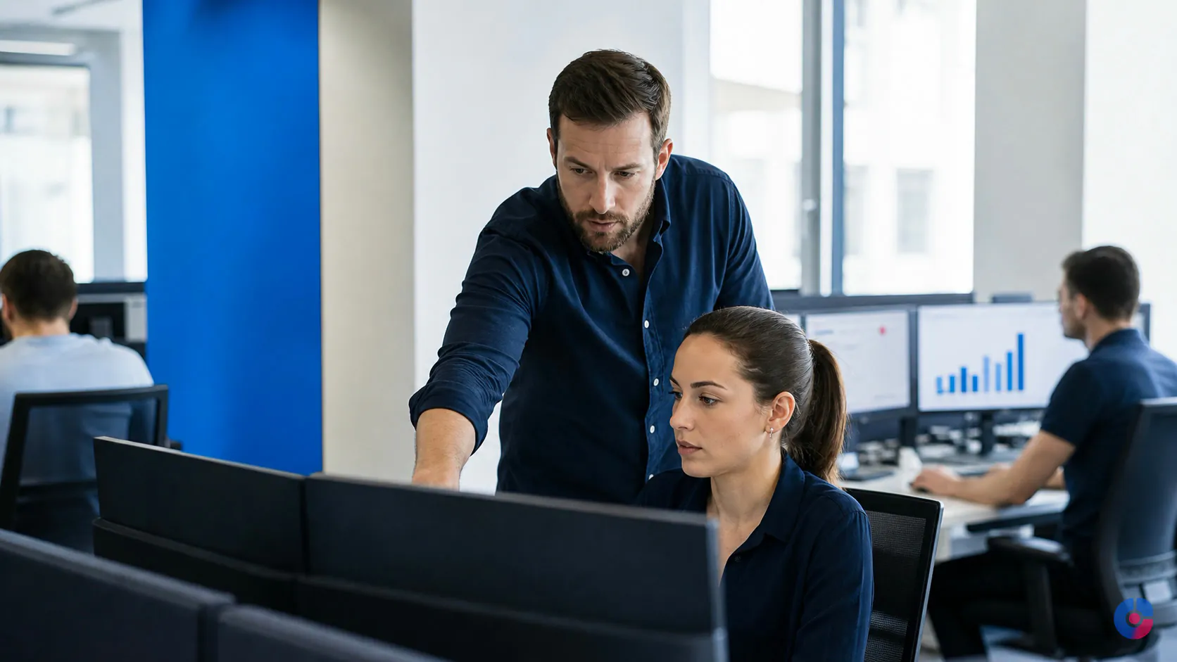 Team lead reviewing work with a specialist inside a managed BPO operations team