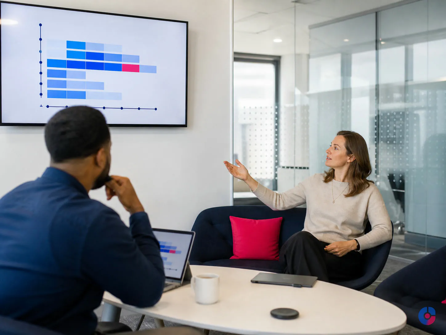 Two managers holding a weekly governance review for an outsourced operations team