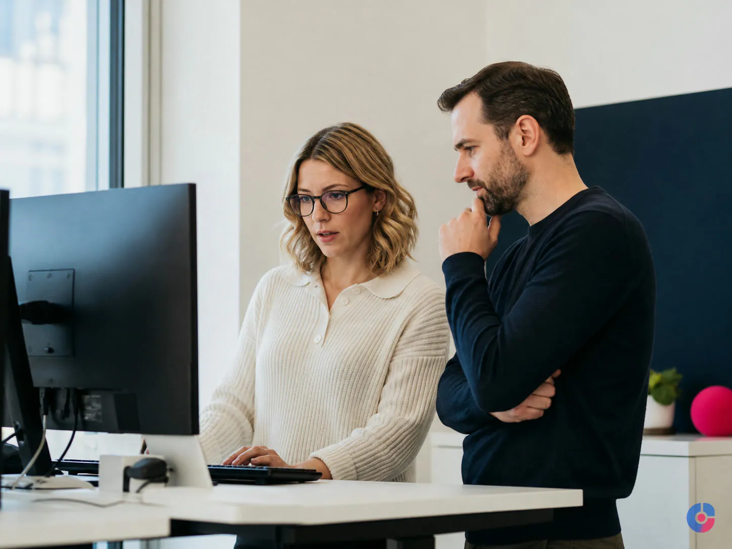 Supervisor reviewing output with a team member inside a managed remote staffing setup