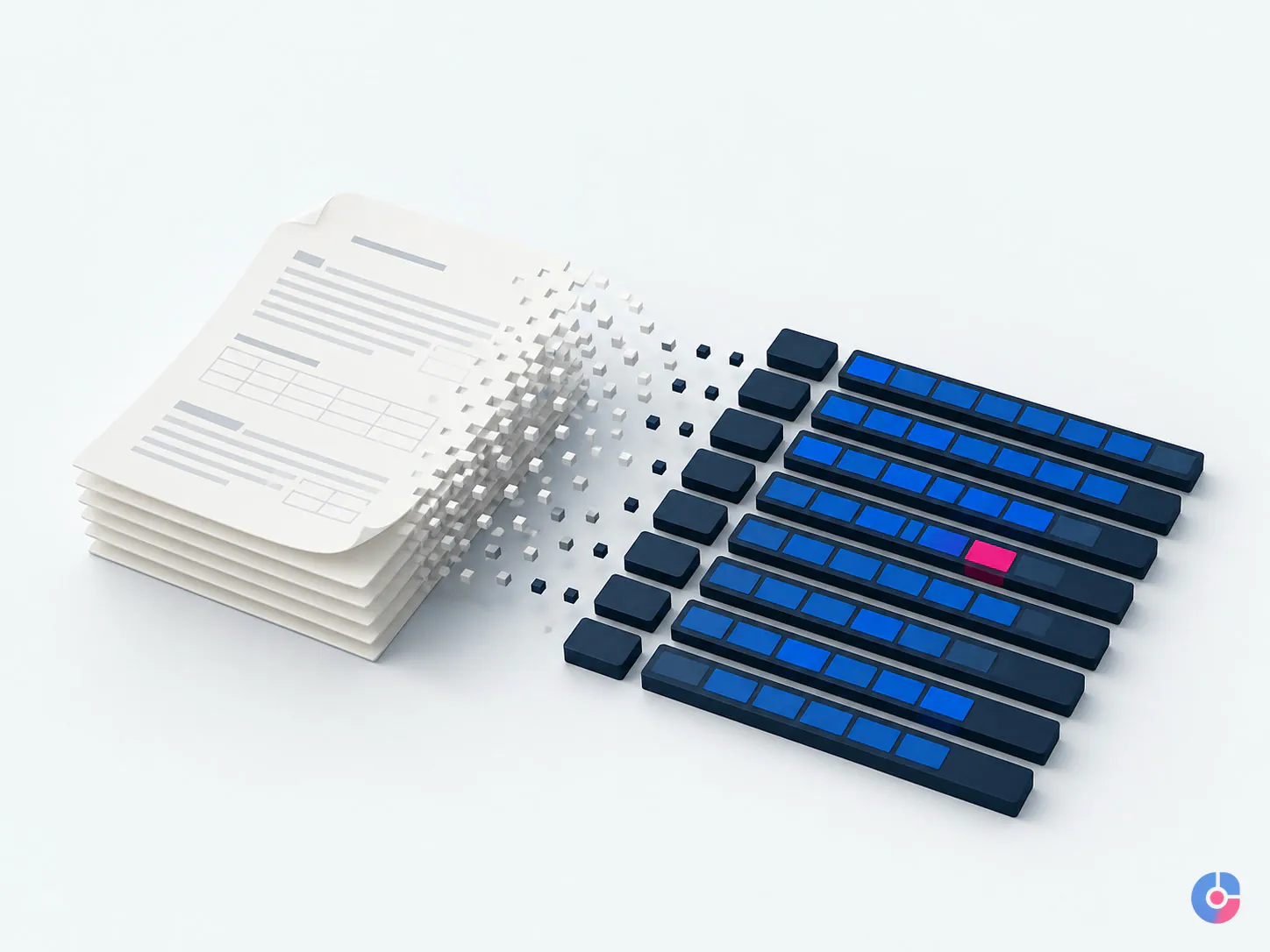 Isometric concept of paper documents converted into structured digital records