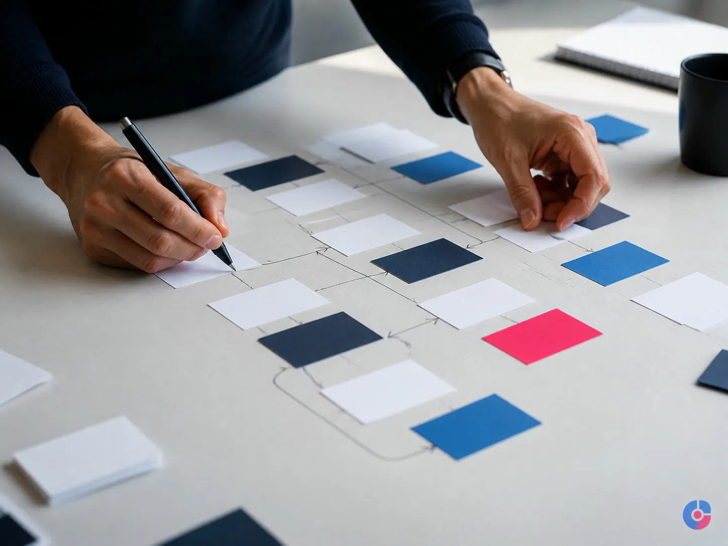 Hands mapping a content model with linked cards before choosing a CMS