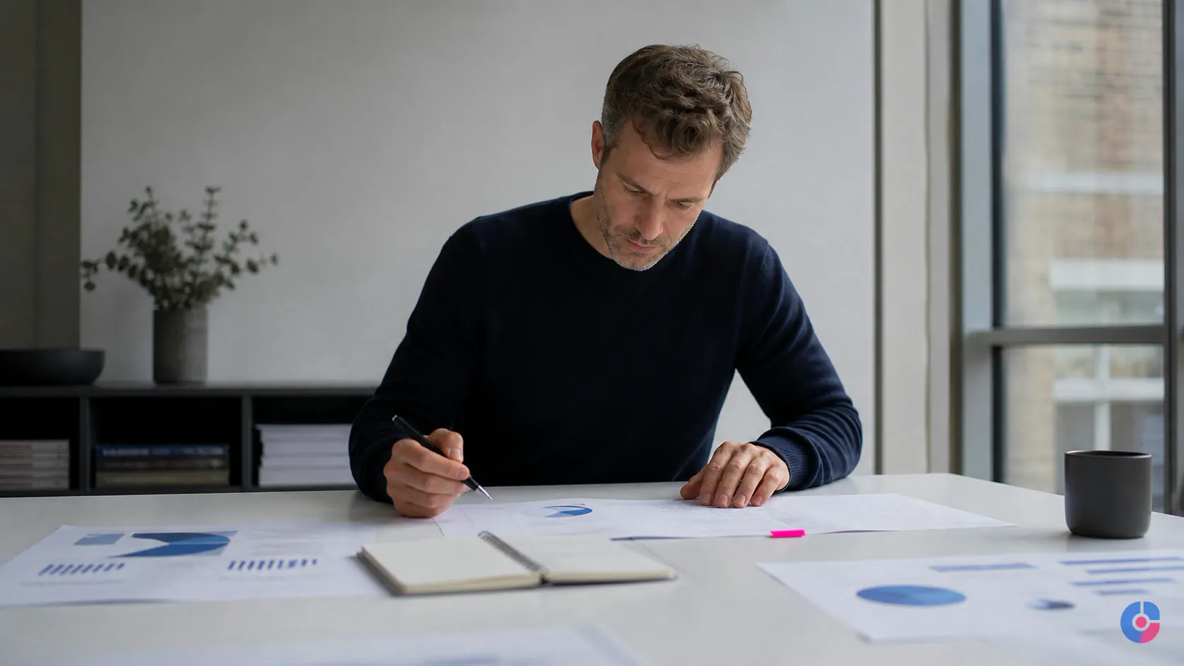 Strategist comparing printed research documents while preparing a business plan