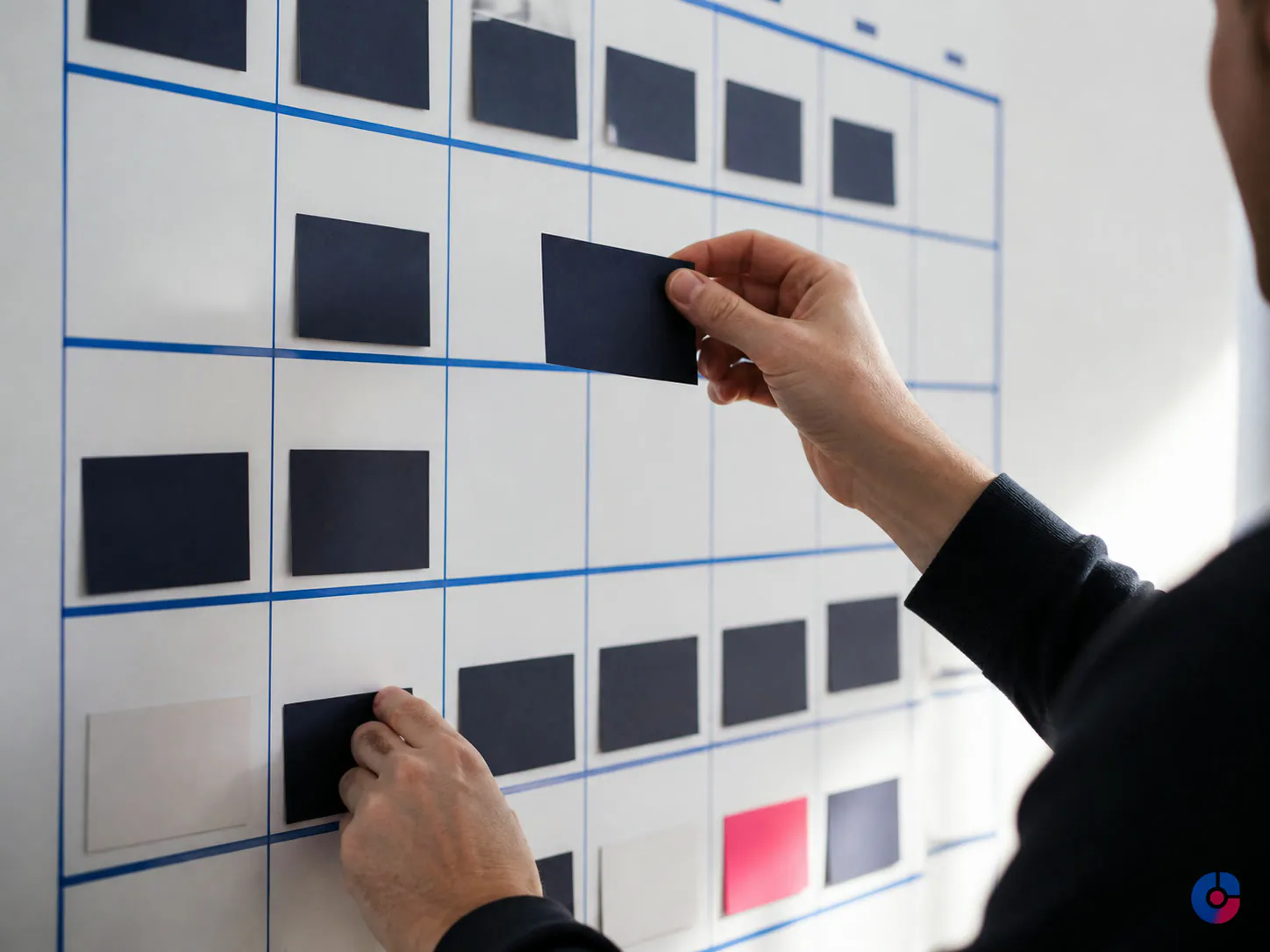 Hands arranging campaign cards on a monthly marketing content planning wall