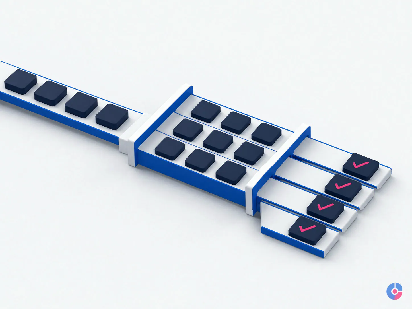 Isometric concept showing a marketing production backlog cleared by added capacity