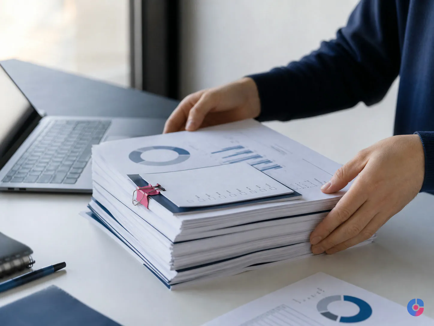 Hands assembling a monthly marketing reporting pack as part of outsourced operations
