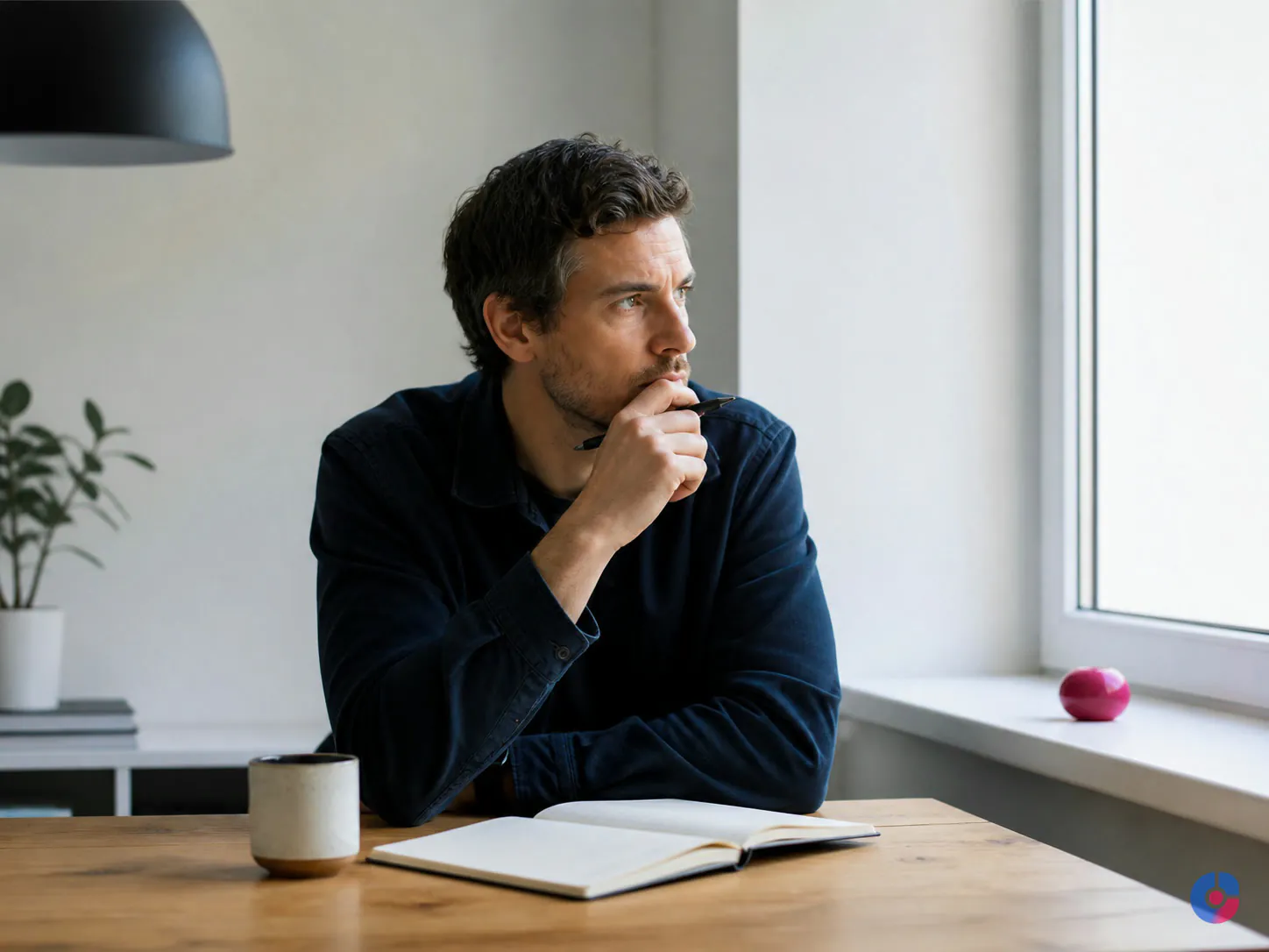 Marketing strategist planning with a notebook after routine production work moved elsewhere