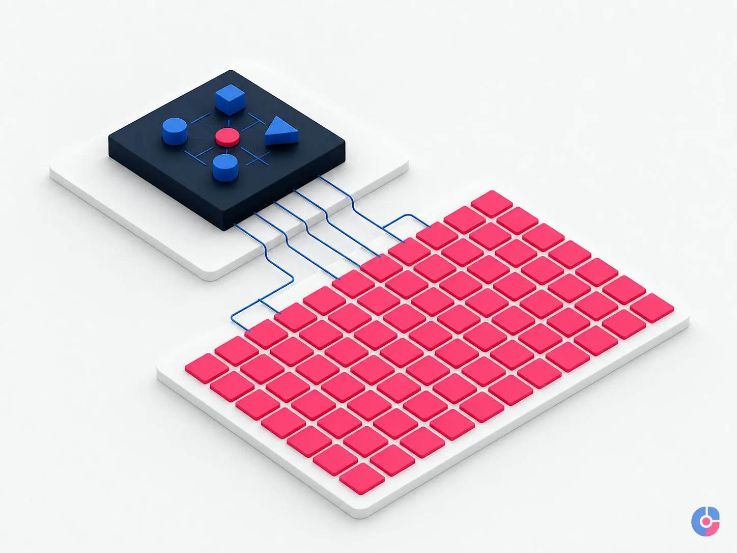 Isometric diagram separating marketing strategy from an outsourced execution layer