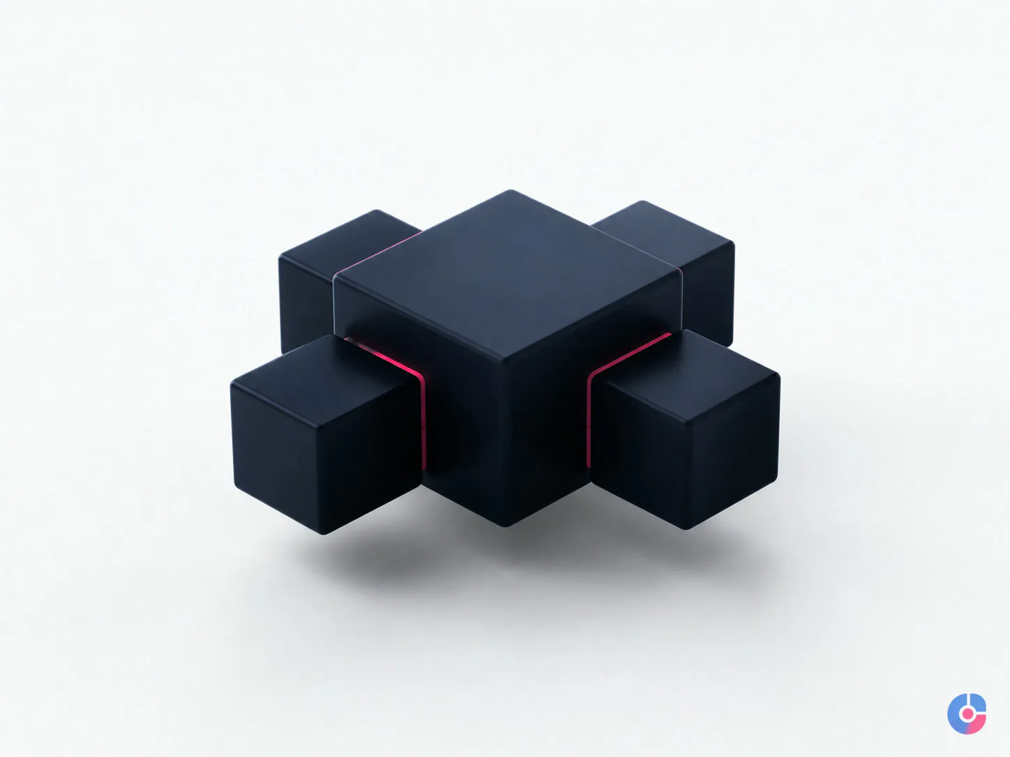Abstract modules attaching to a larger block representing a marketing support pod