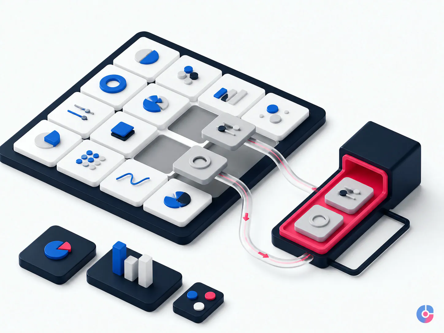 Isometric concept of suppressed product listings being corrected and returned to a catalogue