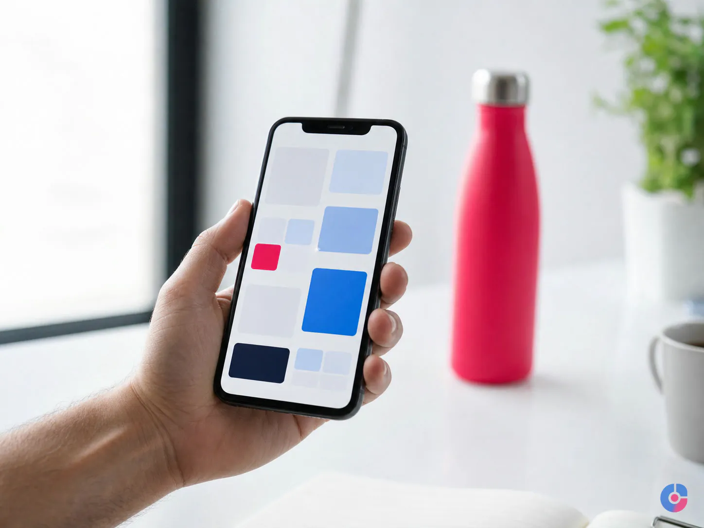 Shopper scrolling an abstract marketplace product grid on a phone in daylight