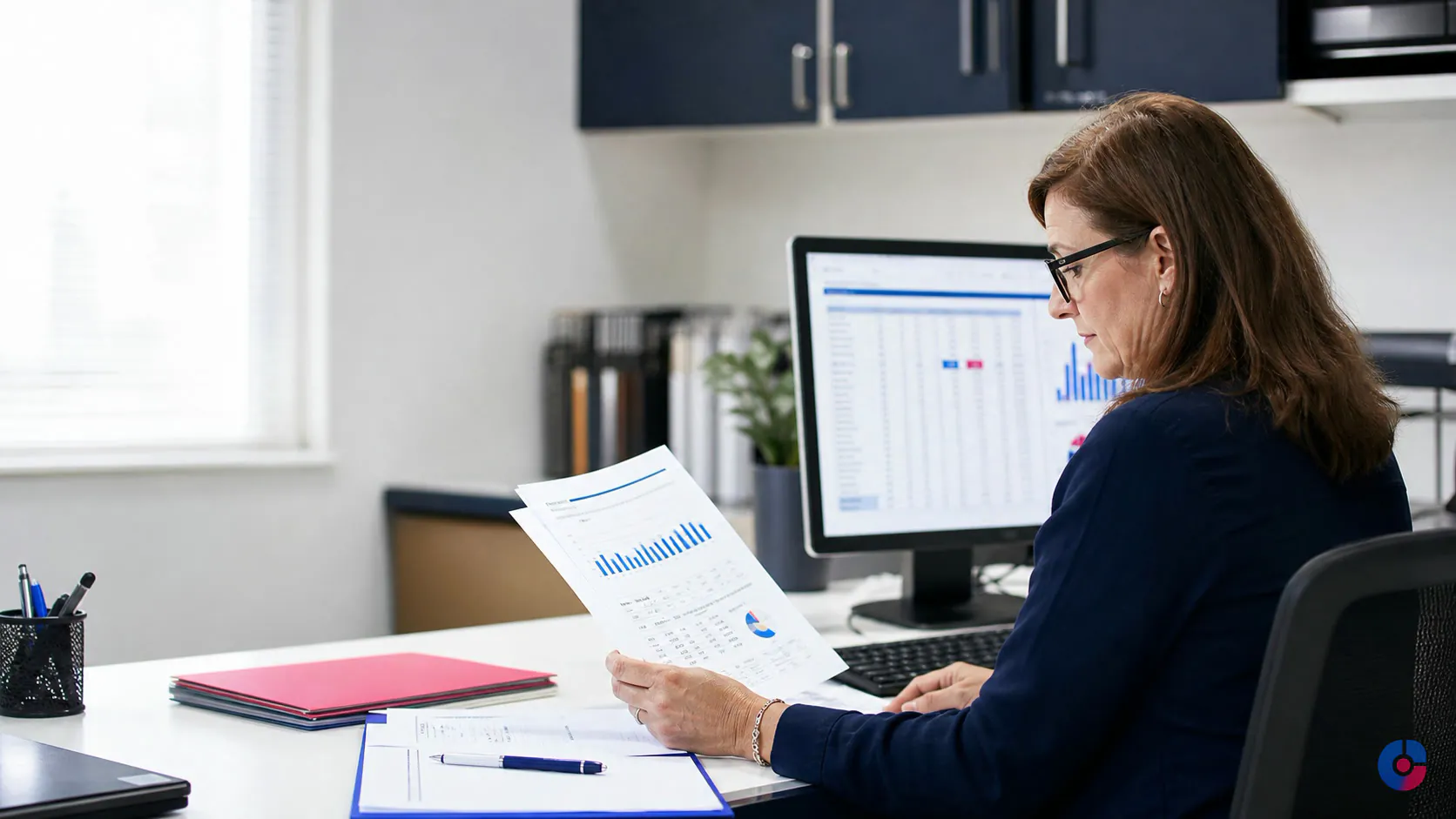 Practice administrator reviewing claim reports as part of medical billing support
