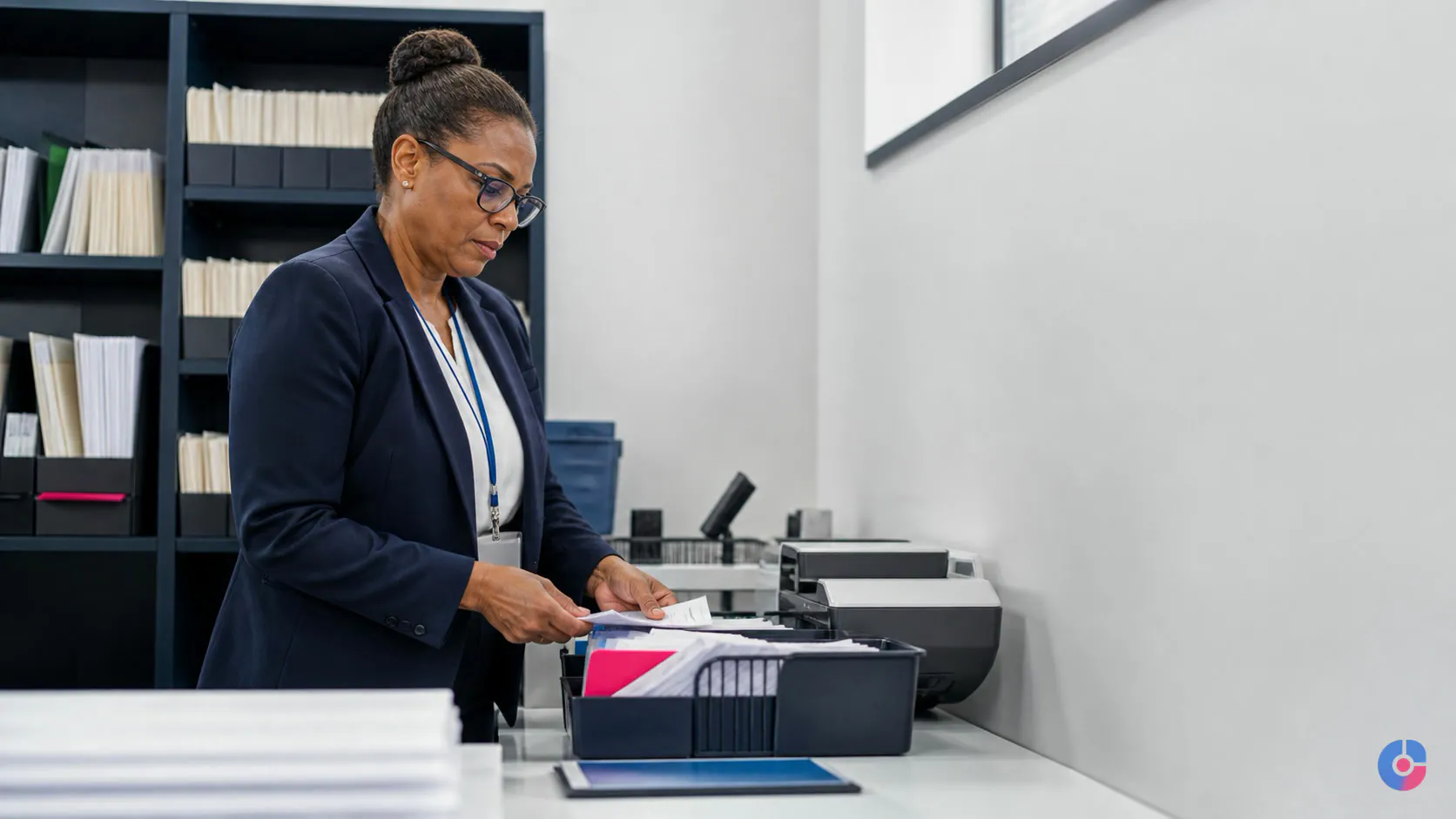 Health information administrator organising patient records at a clean workstation