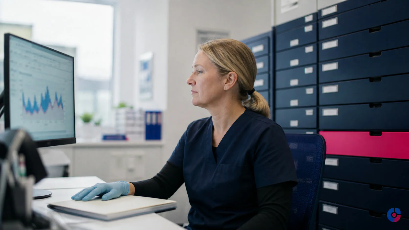 Records administrator working beside labelled clinical archive drawers in a clinic office