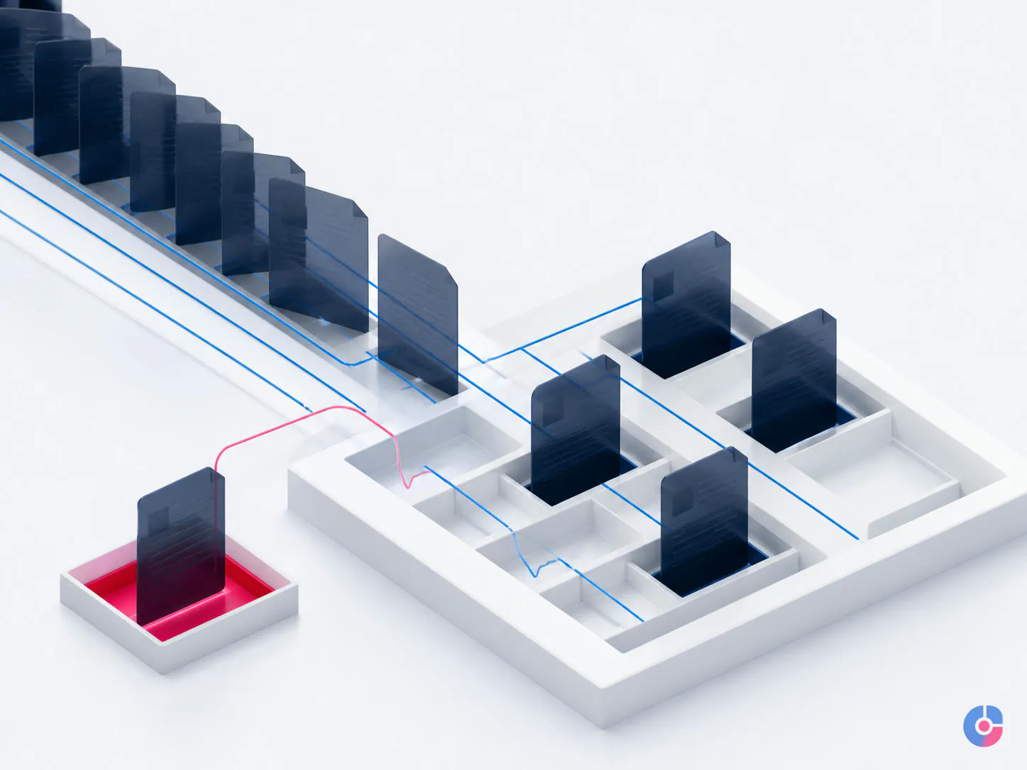 Isometric render of clinical documents being indexed with an exception queue