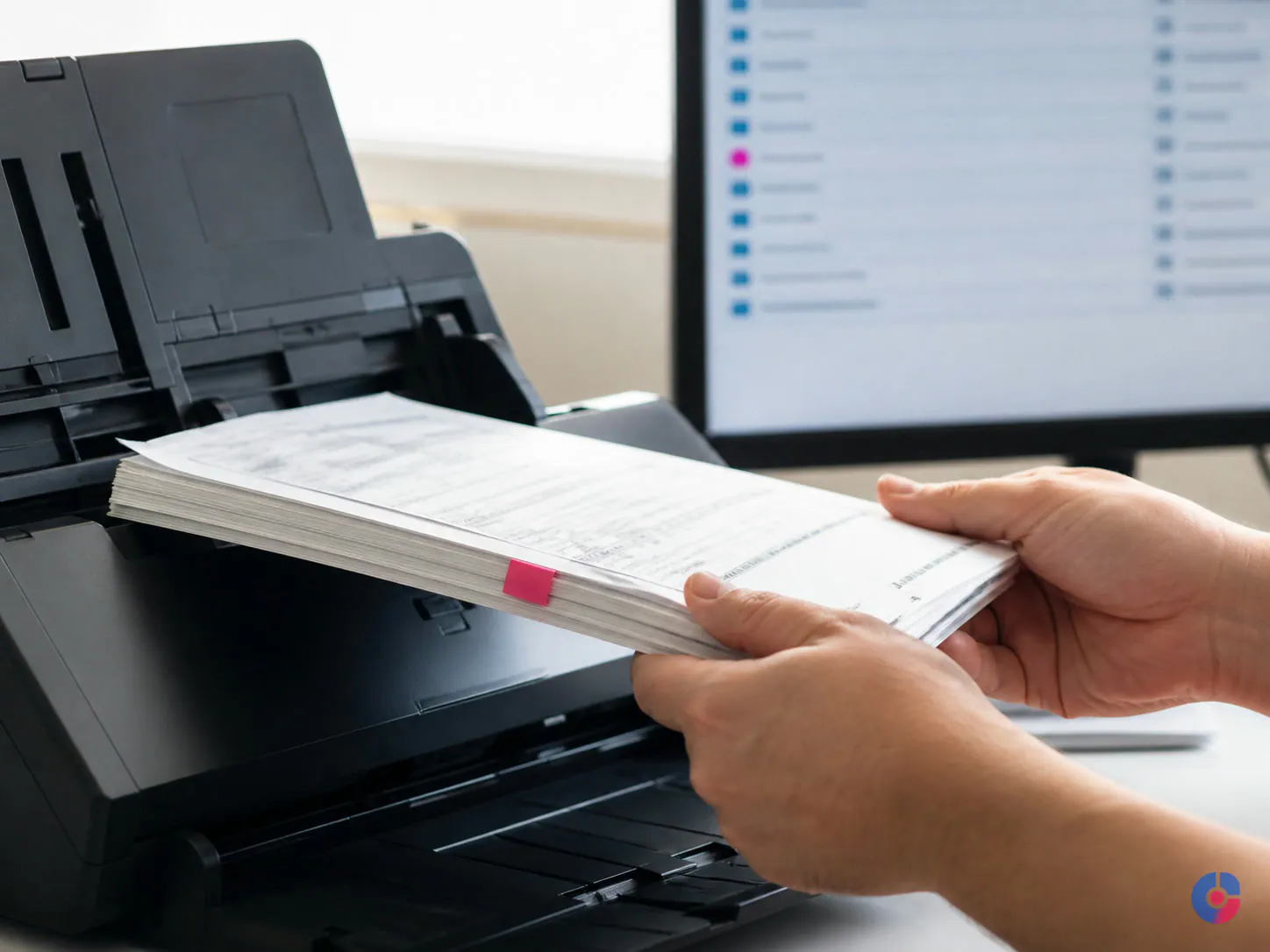 Hands scanning documents while indexing medical records on a second screen