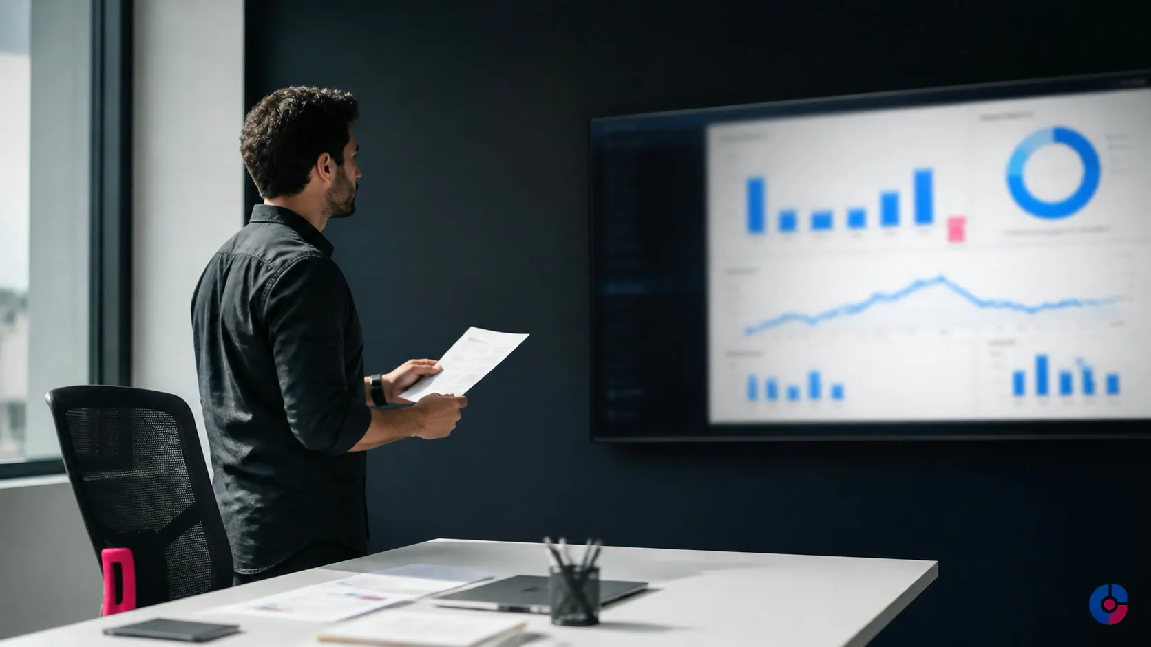 Performance marketer reviewing Meta ad campaign charts on a wall-mounted screen