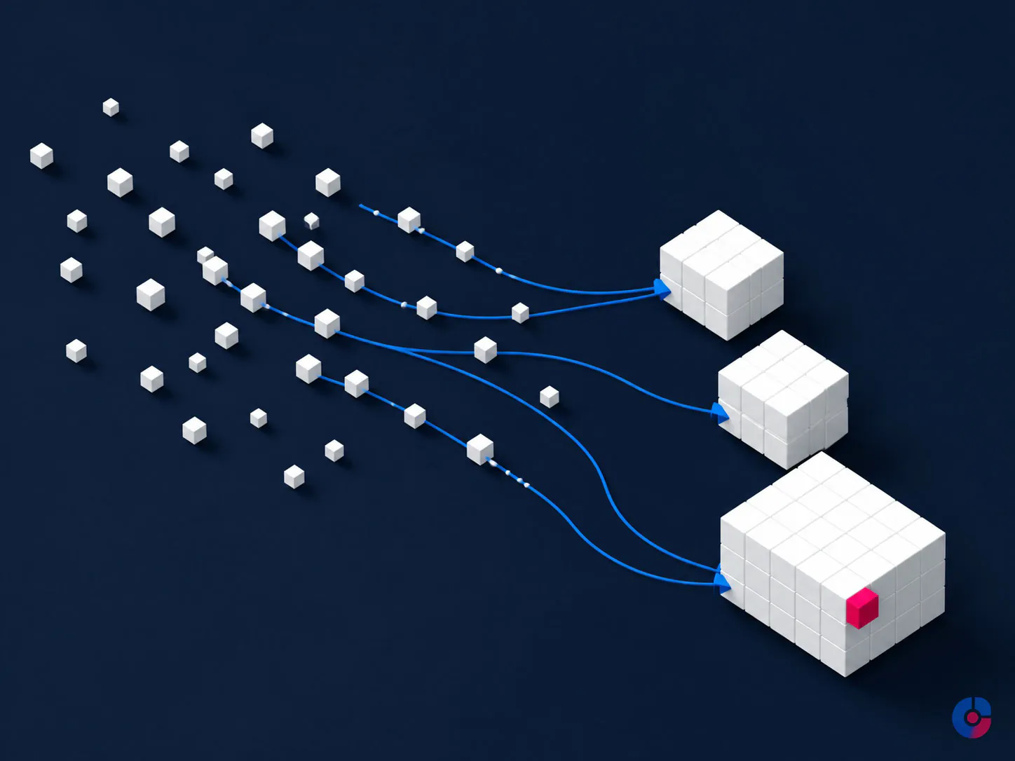 Isometric concept showing fragmented Meta ad sets consolidating into fewer campaigns