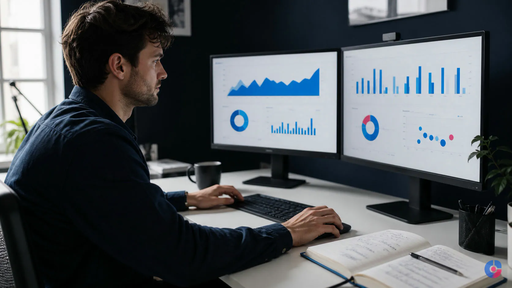 Marketer reviewing paid social performance against sales targets at a desk