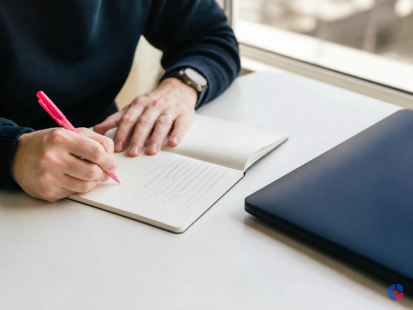 Marketing director defining business metrics in a notebook during an analytics project