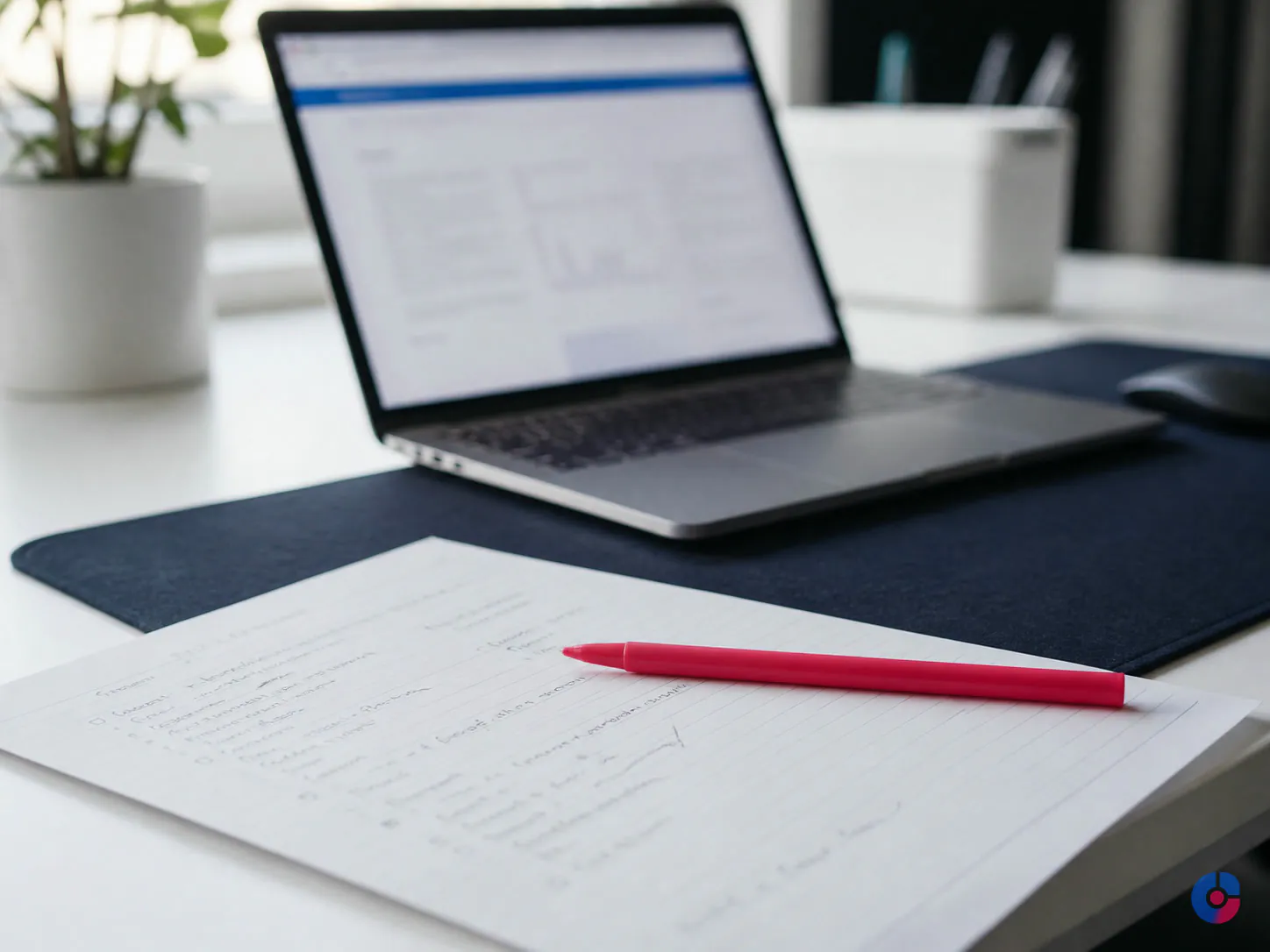 Handwritten notes beside a laptop while planning a minimal launch page structure