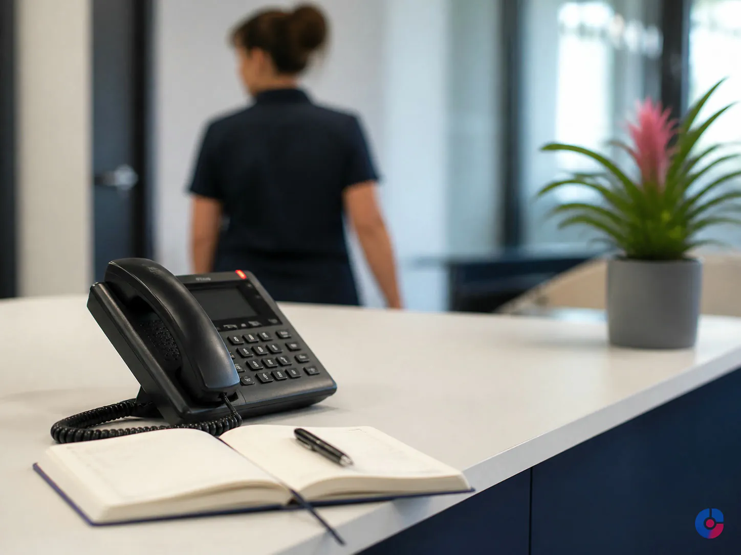 Ringing desk phone at a busy reception illustrating missed inbound calls