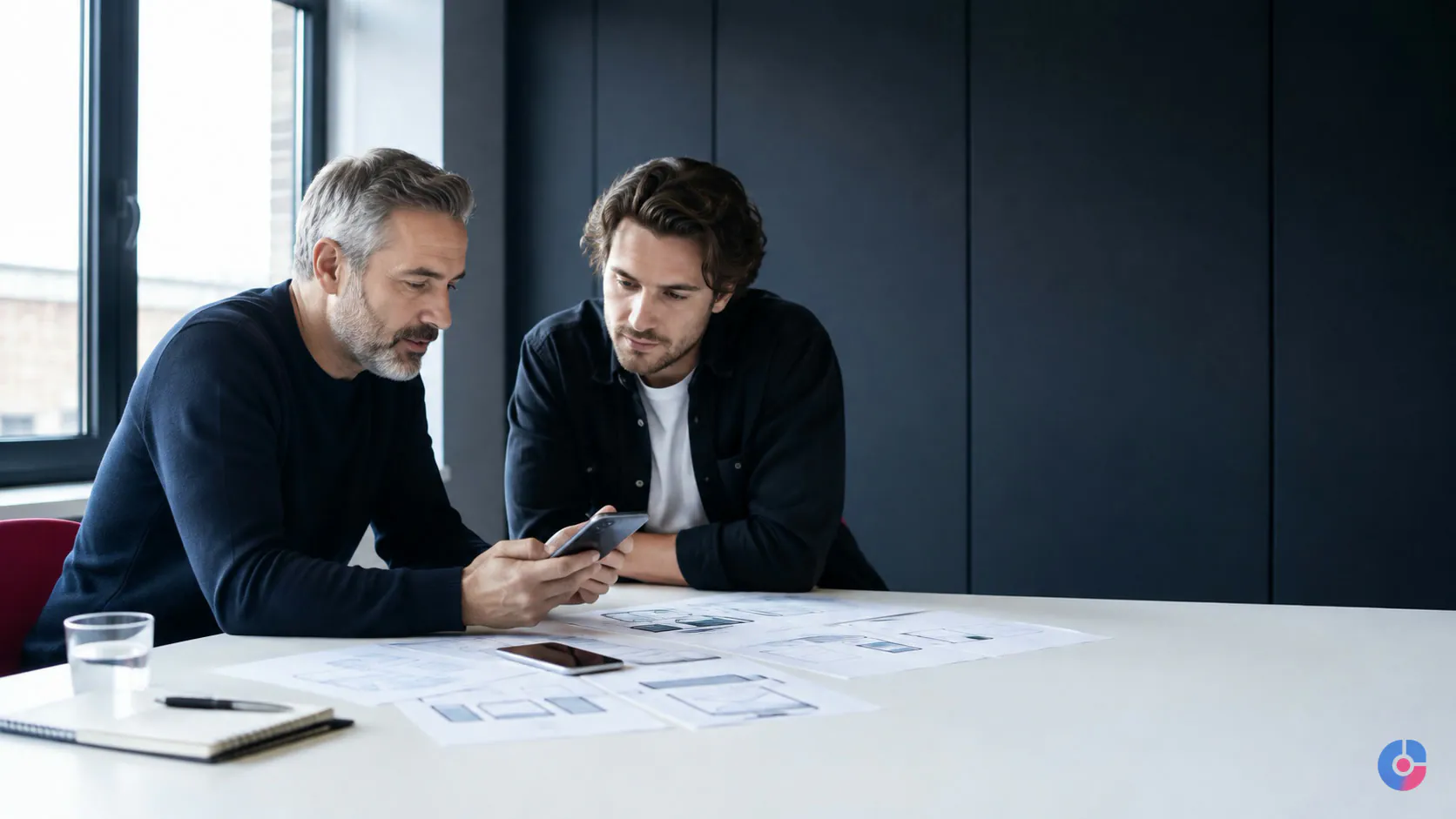 Founder and developer reviewing app wireframes before hiring decisions