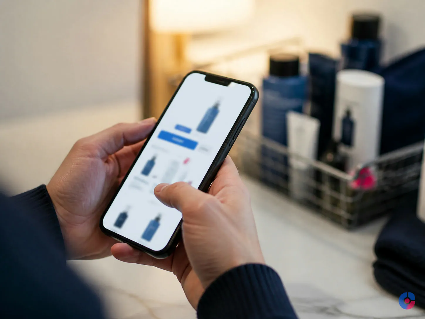 Shopper browsing an eCommerce product page on a phone at a kitchen counter