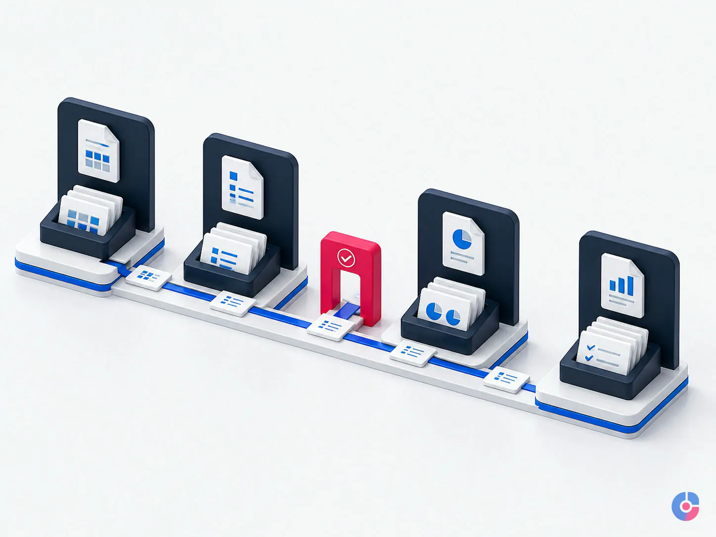 Isometric diagram of a month end close workflow from invoice capture to close pack