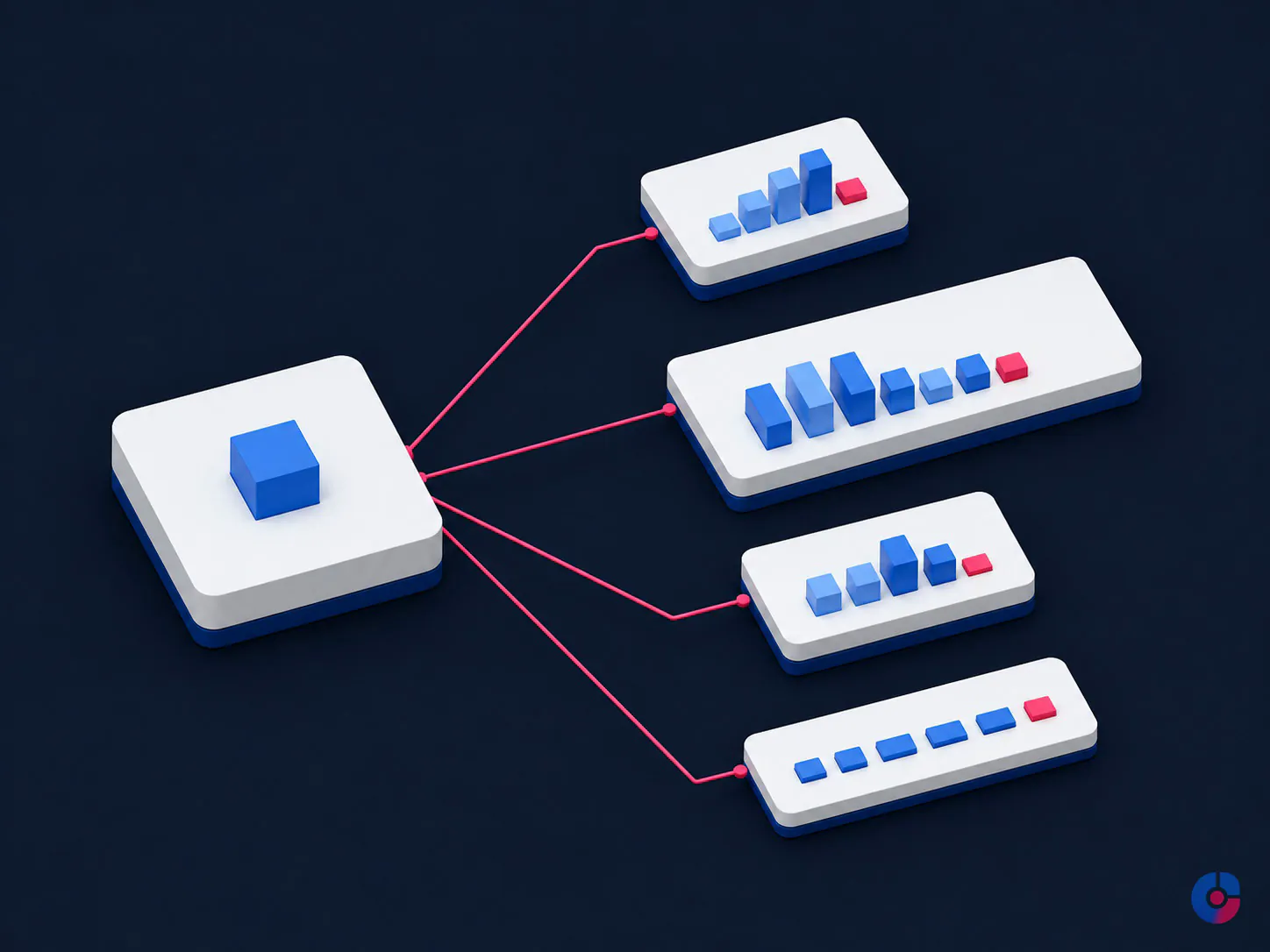 Isometric render of one product record adapted into four marketplace channel listings