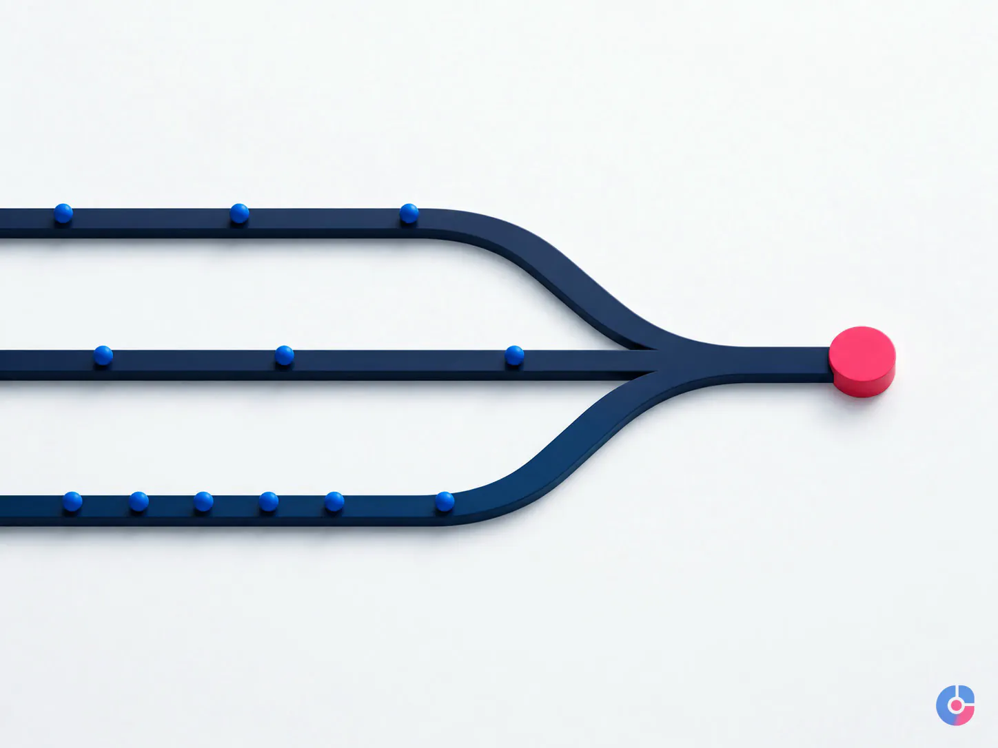 Abstract concept of three outbound channels converging into one qualified conversation