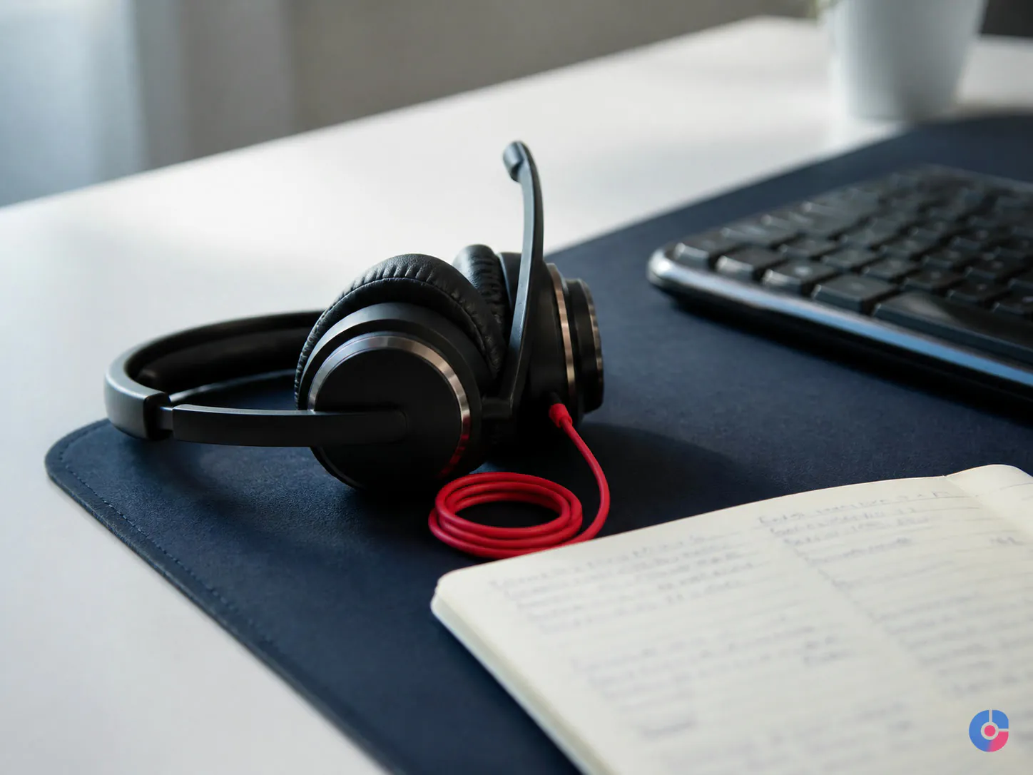 Support agent workstation detail with headset and handwritten customer notes
