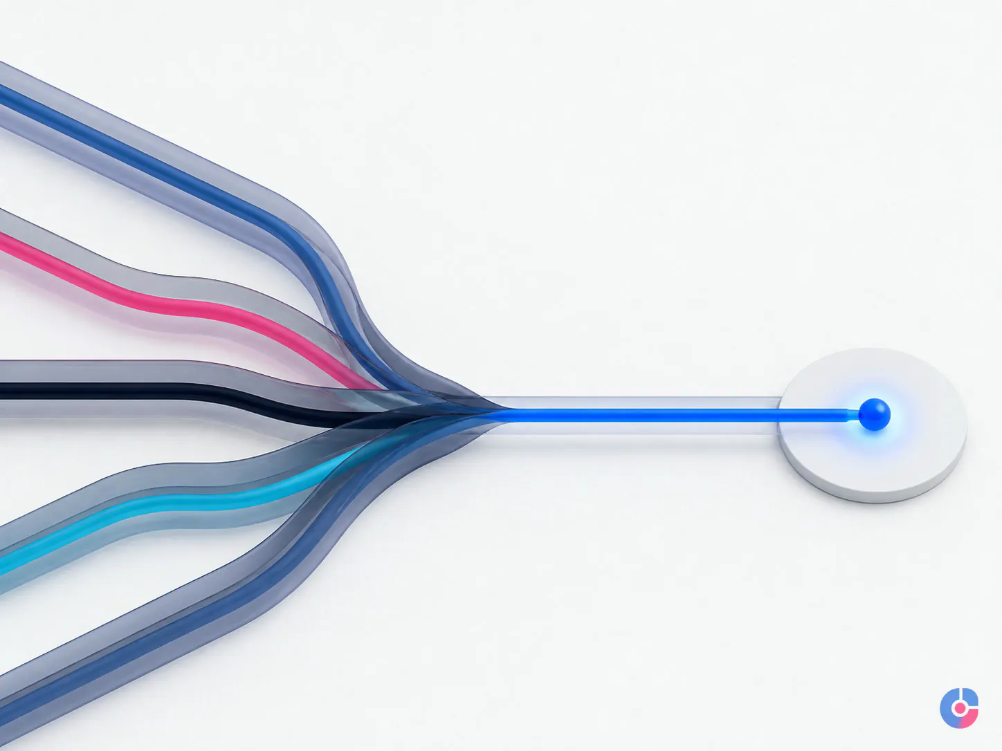 Isometric render of four support channels merging into one unified queue