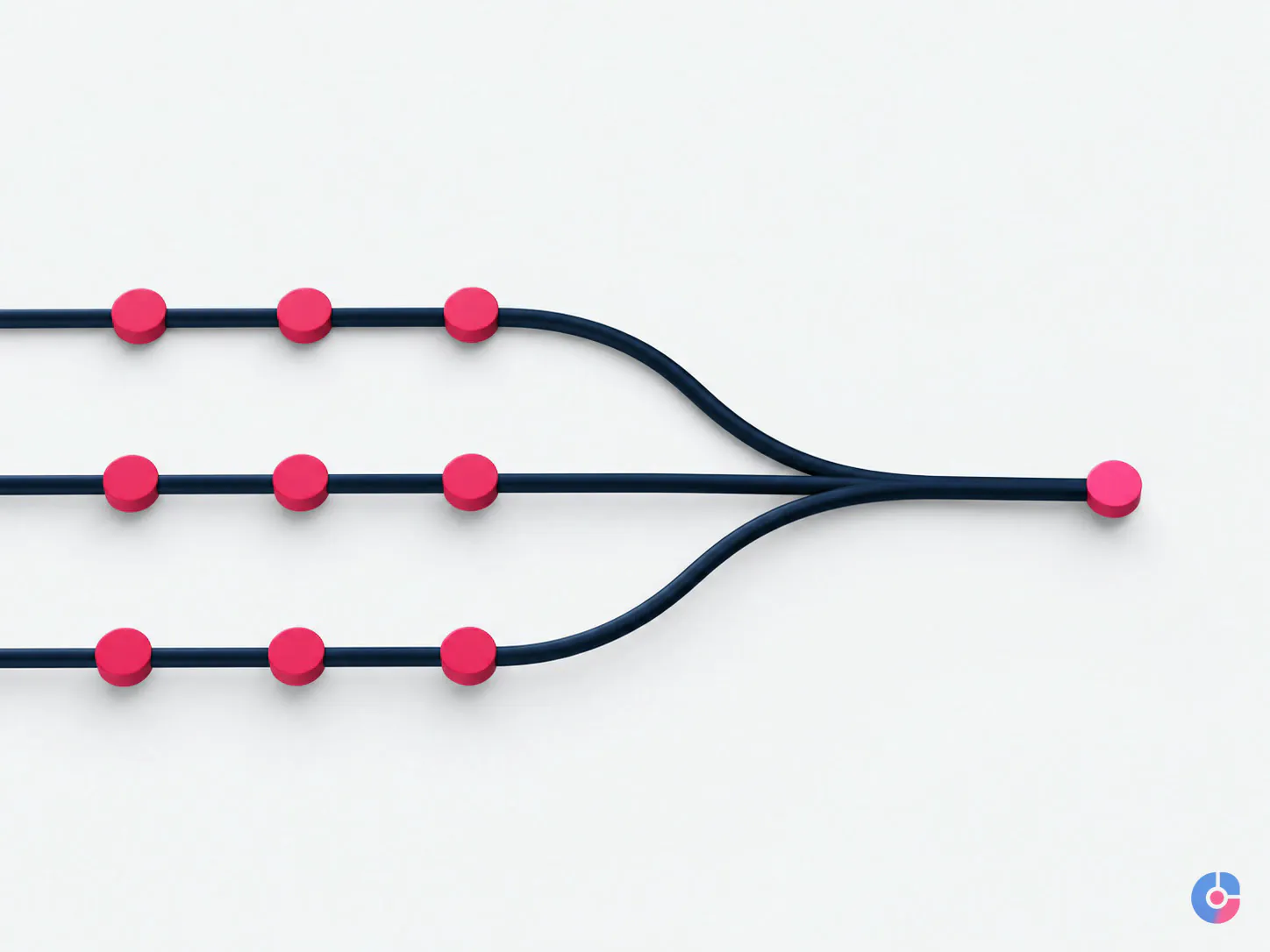 Abstract concept of a multichannel outbound cadence converging on one qualified conversation
