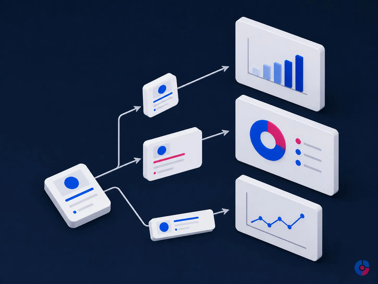 Isometric concept showing one product listing adapted for several sales channels