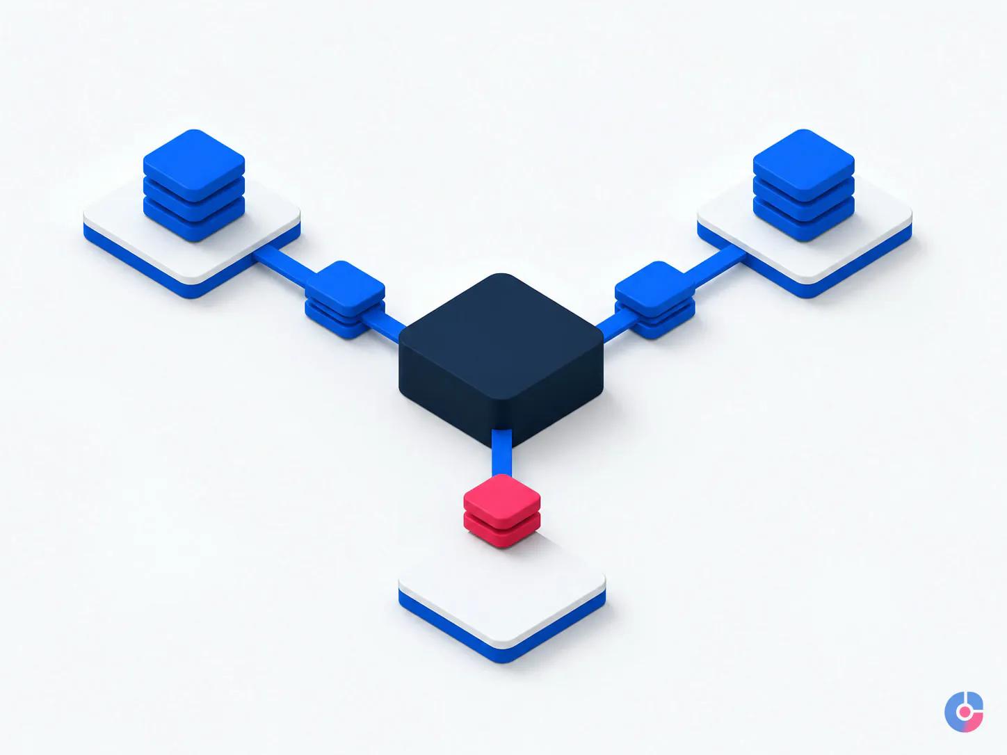 Isometric stock block feeding three channels with one showing a quantity mismatch