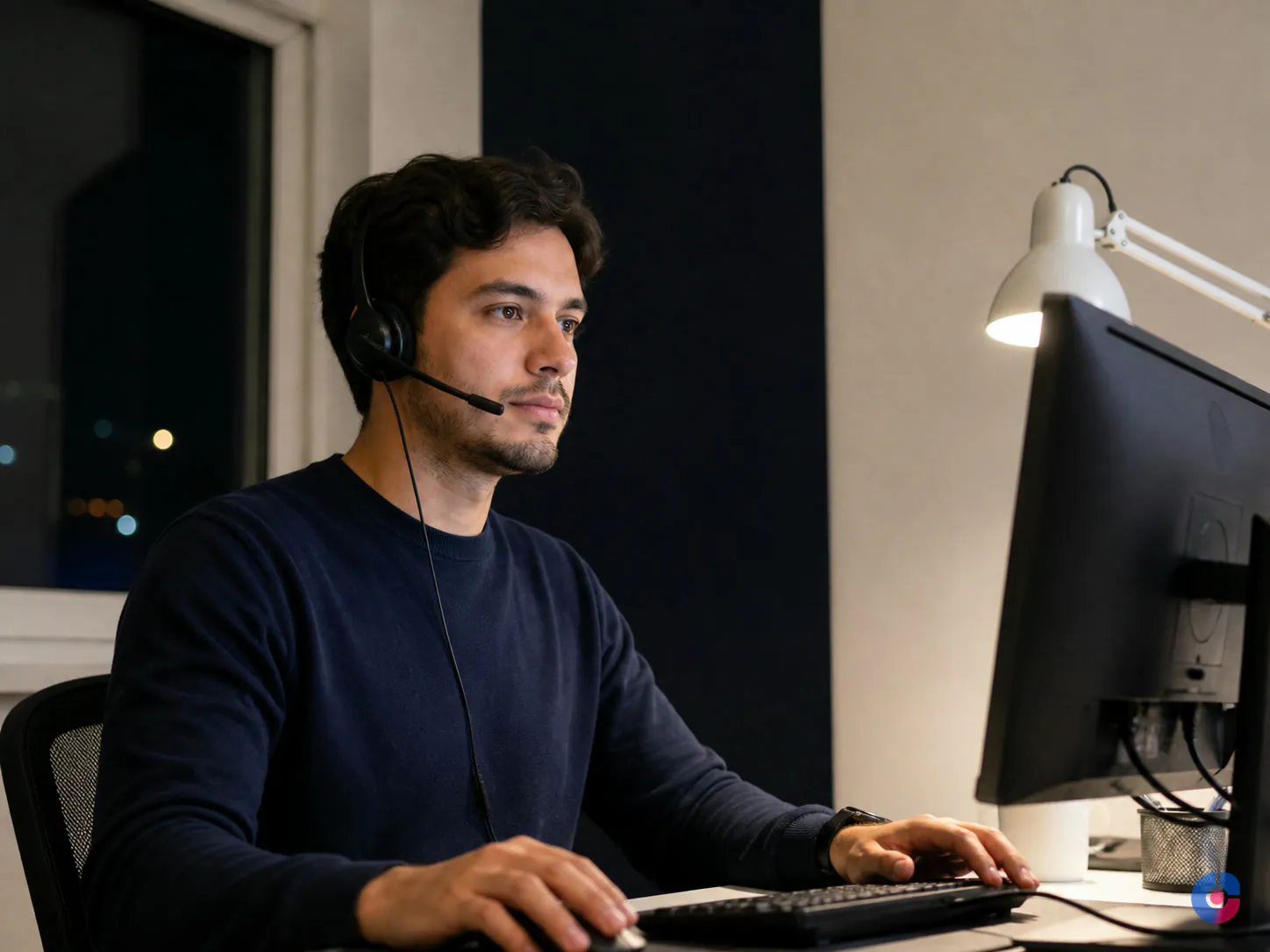 Offshore support agent working a night shift to cover the US business day